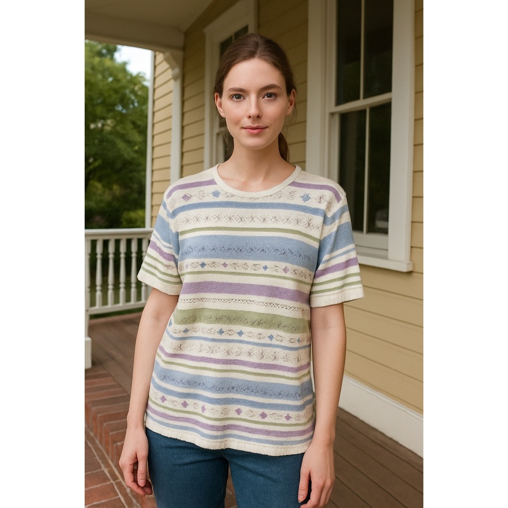 Alfred Dunner Women's‎ XL Pastel Stripe Knit Top Embellished Floral Beads Soft